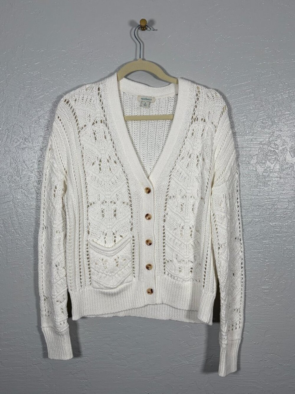 Sundance Women M White Hand Knit Cardigan Sweater 100% Cotton Cable Knit Pockets